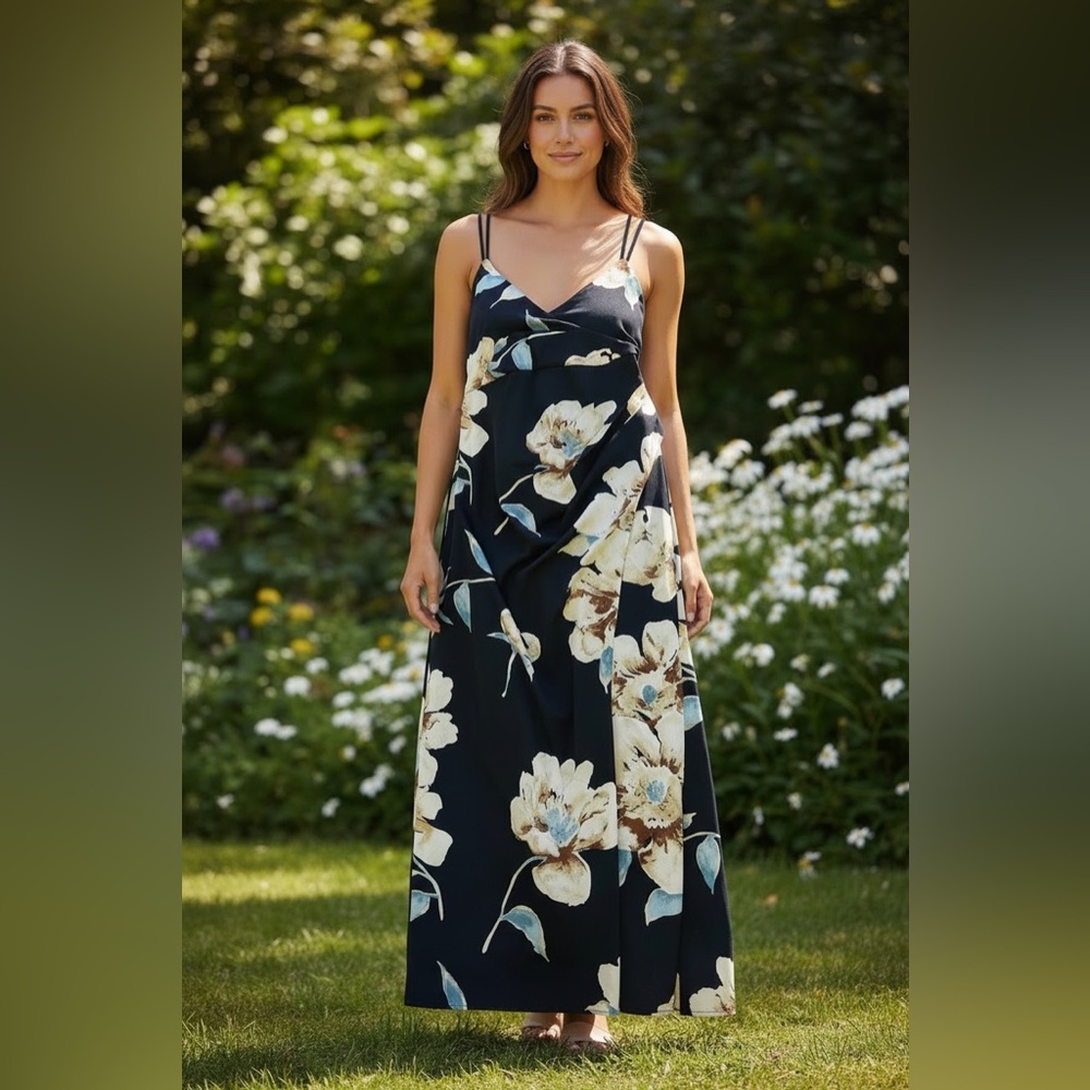 Lulu's Navy Floral Slip Maxi Dress with Cream & Pale Blue Blooms
